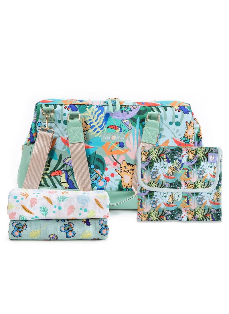 Milk & Moo Set of Tote Diaper Bag Changing Mat and 2pc Muslin Cloth Swaddles, Multipurpose Shoulder Bag, Water-resistant Changing Mat, 2pc Muslin Cloth Swaddle, Baby Care Bundle  - Image 1