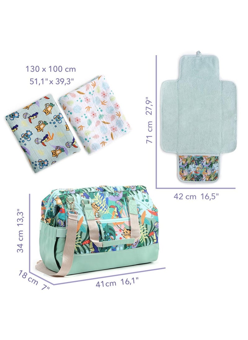 Milk & Moo Set of Tote Diaper Bag Changing Mat and 2pc Muslin Cloth Swaddles, Multipurpose Shoulder Bag, Water-resistant Changing Mat, 2pc Muslin Cloth Swaddle, Baby Care Bundle  - Image 2