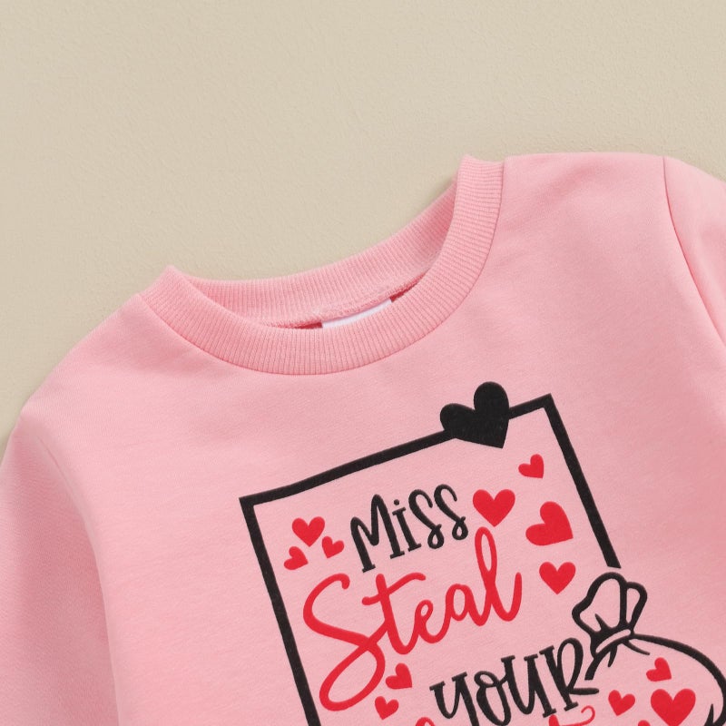 BeQeuewll Baby Girl Valentines Day Outfit Miss Steal Your Heart Sweatshirt Jogger Pants Infant Toddler Girls Clothes Pink Set (Miss Steal Your Heart, 6-12 Months) - Image 3