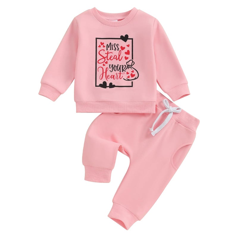 BeQeuewll Baby Girl Valentines Day Outfit Miss Steal Your Heart Sweatshirt Jogger Pants Infant Toddler Girls Clothes Pink Set (Miss Steal Your Heart, 6-12 Months) - Image 1