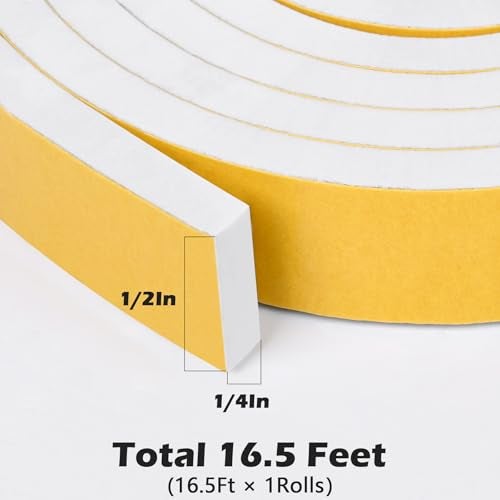 ToLanbbt White Door Window Weather Stripping Self Adhesive Foam Tape High Density Foam Sealing Strip Window Insulation Weatherproof Gasket Tape for Doors and Windows (1/2" W X 1/4" T X 16.5') - Image 2