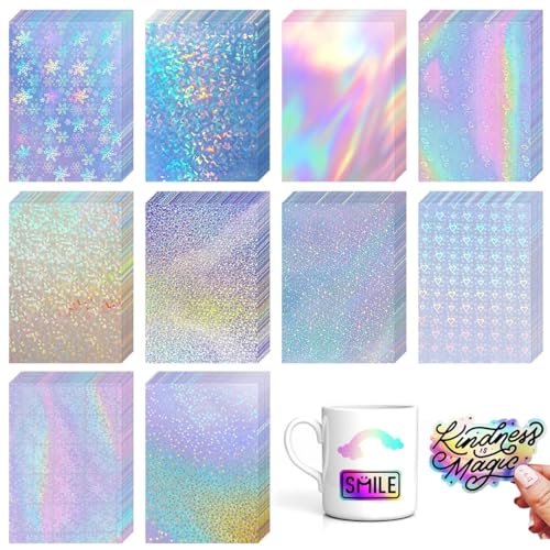 GETRIC 100 Sheets Holographic Sticker Paper 8.3x11.7 Inch Clear Vinyl Self Adhesive Waterproof Rainbow Vinyl Sticker Paper, Waterproof Transparent Holographic Laminate Film (10 Styles) - Image 1