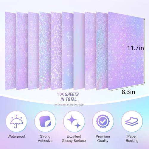 GETRIC 100 Sheets Holographic Sticker Paper 8.3x11.7 Inch Clear Vinyl Self Adhesive Waterproof Rainbow Vinyl Sticker Paper, Waterproof Transparent Holographic Laminate Film (10 Styles) - Image 3