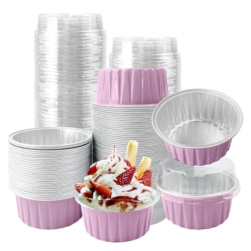 100Pcs Aluminum Cups with Lids5oz Disposable Ramekin Baking Cups Muffin Liners Mini Pie Pans Foil Cupcake Containers for Christmas Party WeddingPink