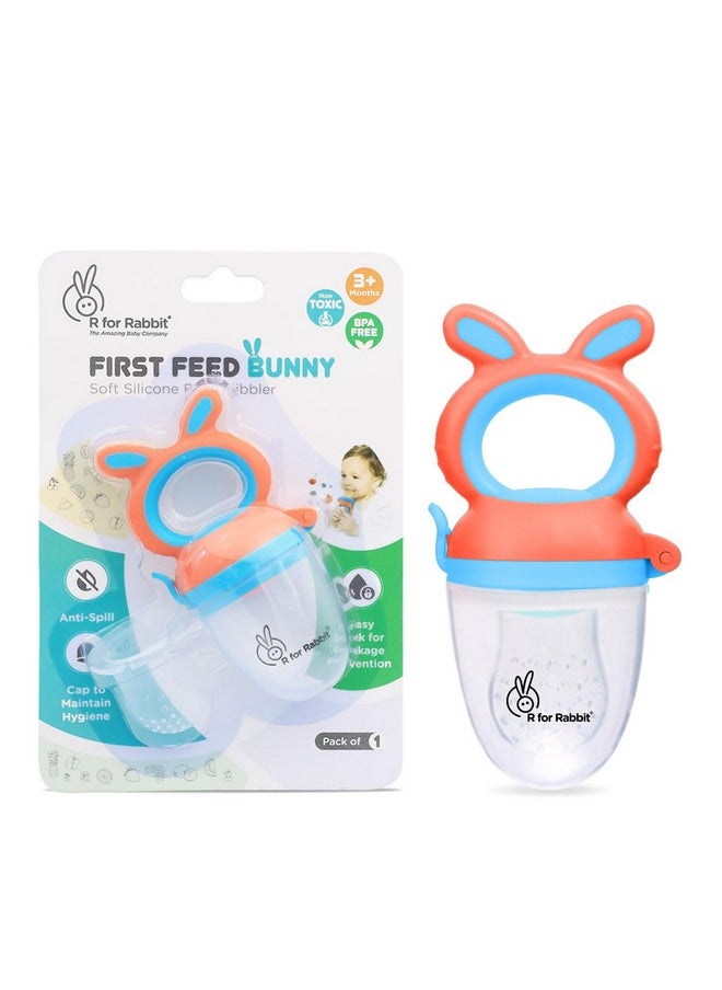 أر فور رابيت - R for Rabbit First Feed Bunny Food Nibbler Soft Silicone Chewing Fruit Feeder with Extra Mesh for Babies | Baby Veggie Teeth | Hyginic and BPA Free | مصاصة للأطفال الرضع بعمر 3 أشهر فما فوق (برتقالي-أزرق) - Image 1