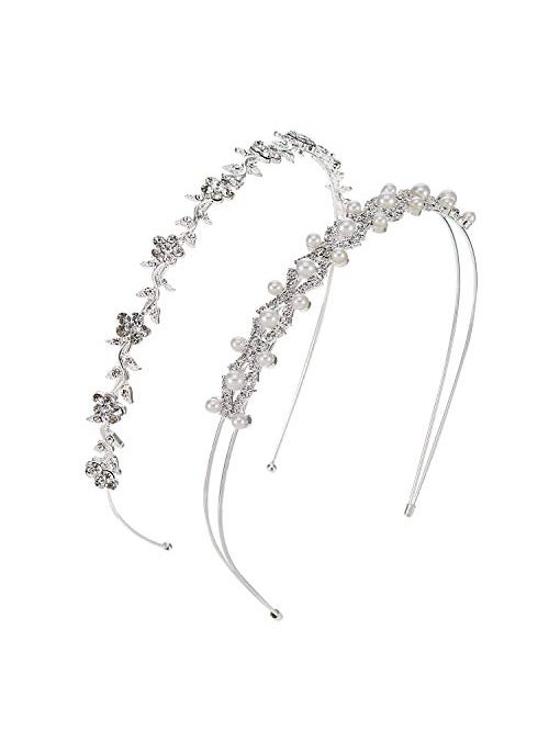 Pangda Pangda 2 Pieces Rhinestone Bridal Crystal Women's Headband Wedding Flower Girl Pearl Diamond Slim Thin Silver Flower Leaves Crown Hair Band Accessories Headpiece Tiara for Bride Bridesmaids 