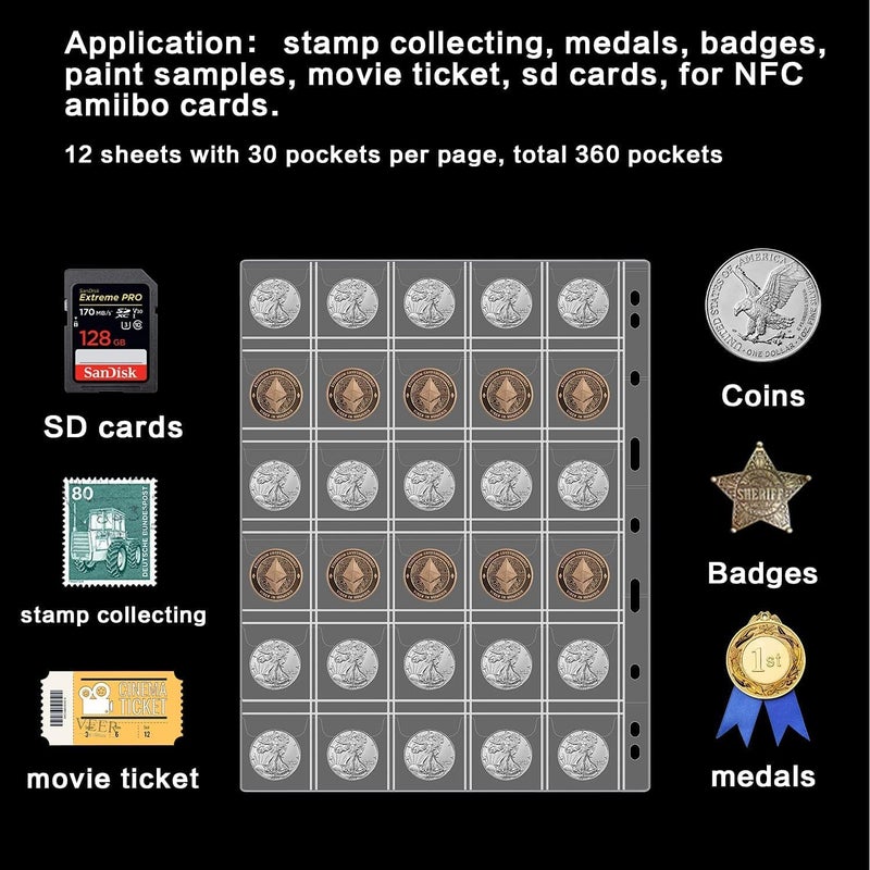 ANKHOH 12 Sheets Coin Collection Pages, Pocket Page with 360 Pockets, Coin Binder Inserts Sleeves with Standard 9 Hole for Coin Album. Storage Holder for Currency, Stamp and Other Supplies (30 Pockets) - Image 5