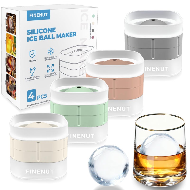 FINENUT Silicone Ice Ball Mold with Lid 4 Pack  25 Inch Large Sphere Round Ice Maker Easy Release BPAFree Silicone Trays for Whiskey  Cocktails Home Bars  Freezer
