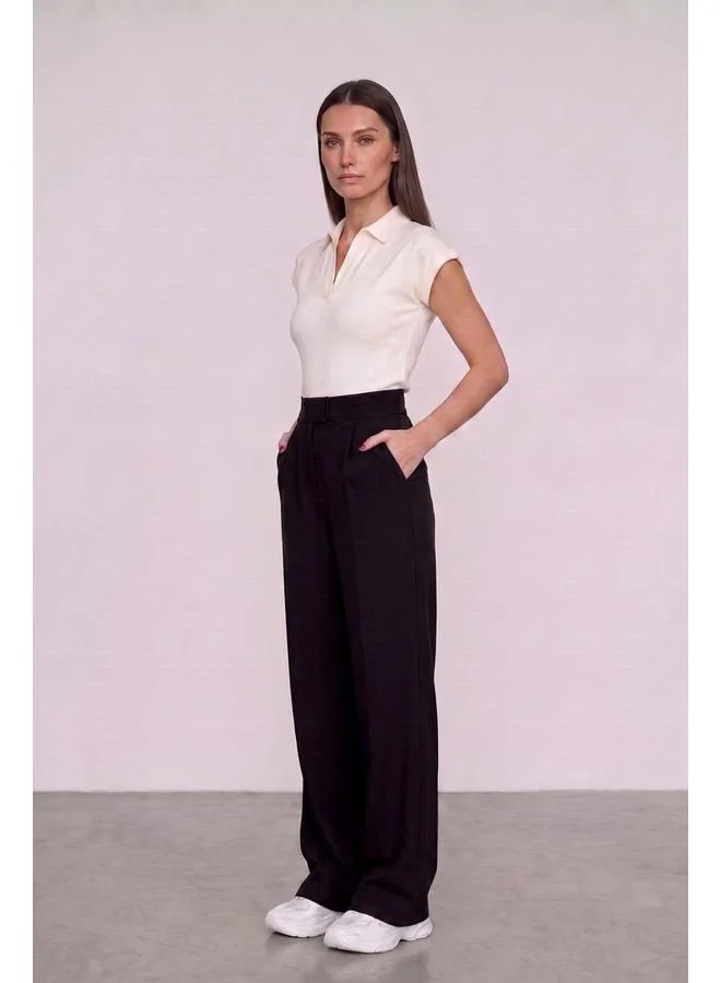Mmetalic  Women's High-Waist Zip Closure Elastic Waist Zipper Pocket elastane Black Palazzo Pants for Women | Best Price UAE