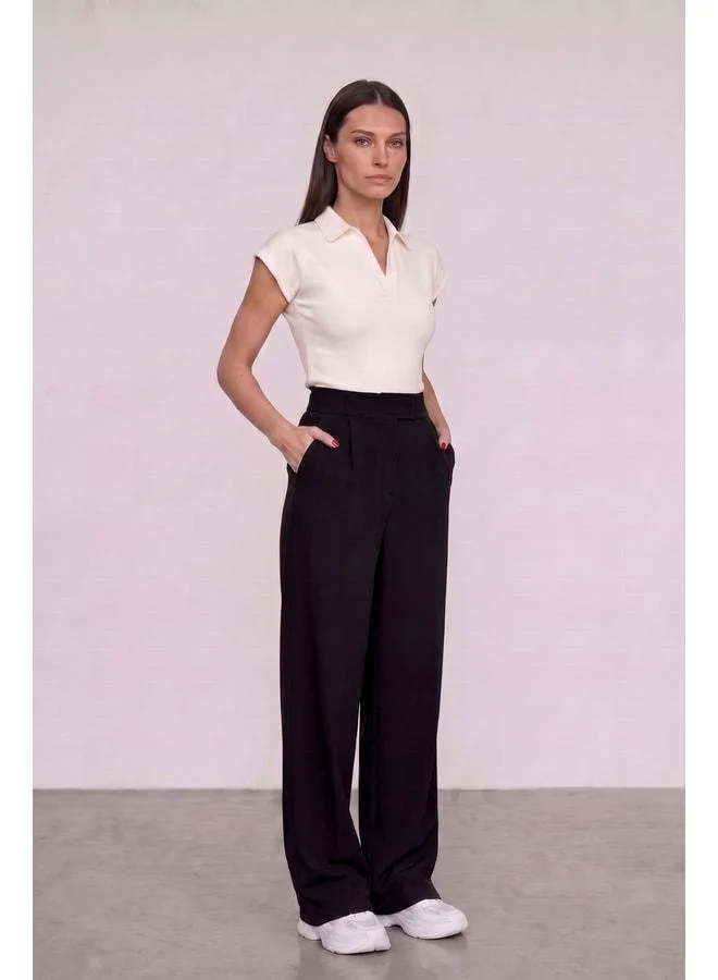 Mmetalic  Women's High-Waist Zip Closure Elastic Waist Zipper Pocket elastane Black Palazzo Pants for Women | Best Price UAE