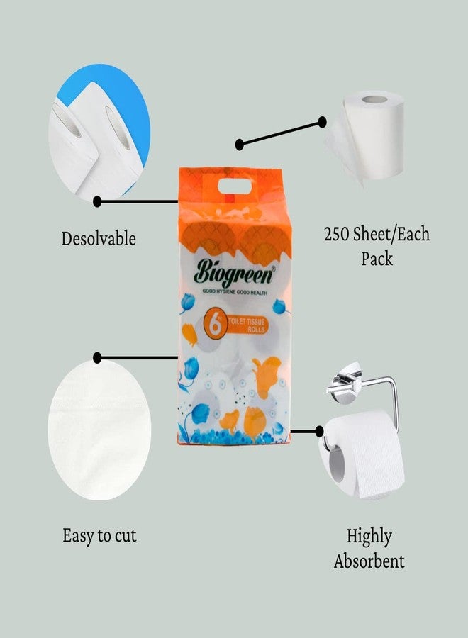 Biogreen Virgin Soft Toilet Roll/Bath Tissues (6 IN 1) 2 Ply 250 sheet per roll (Pack of 2) Hygienic, Ultra Thick, Soft, Biodegradable, Multipurpose - Image 3