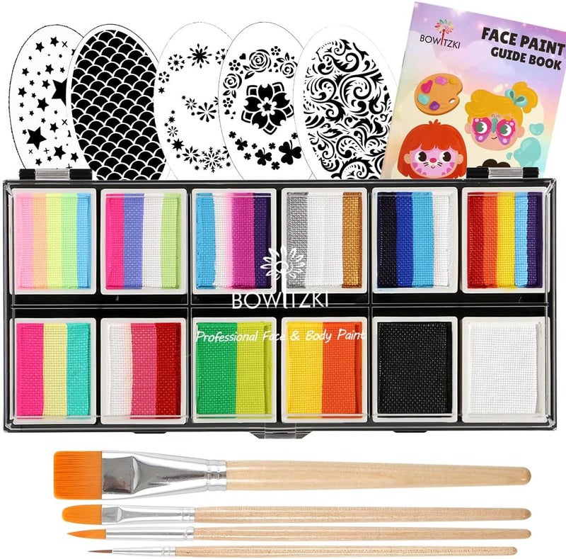 Bowitzki 12x10 gm Face Paint Professional Face Painting Kit For Kids Adults with Stencil One Stroke Split Cake Non Toxic Rainbow Flora Dolphin Unicorn Flame Body Paint Makeup Bright Set