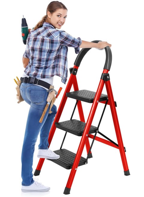 3 Step Folding Ladder with Anti-Slip Wide Pedals and Handrails – Multi-Purpose Step Stool for Home and Outdoor Use