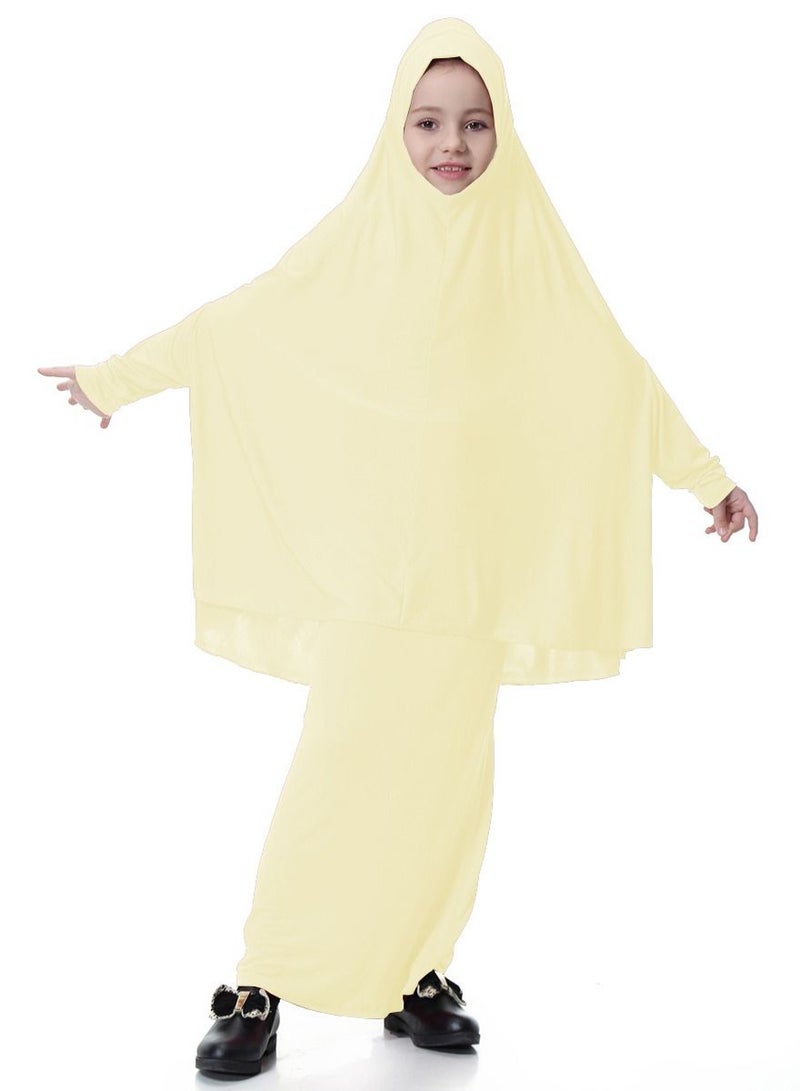 Loquat Girl's Traditional 2-Piece Set Solid Color Abaya Robe And Skirt Suit Light Beige 