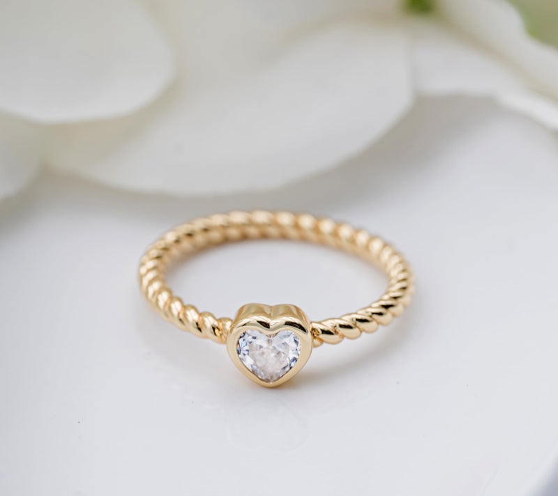Precious Pieces 14K Gold-Plated Twisted Rope Band Baby Ring with Clear April CZ Birthstone Heart for Babies, Infants, Toddlers, Kids, and Little Girls (Size 1) - Image 4