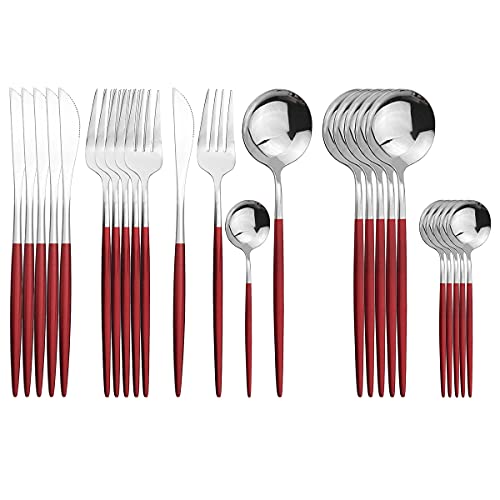 Uniturcky Silver Silverware Set, 24-Piece Stainless Steel Flatware Set Service For 6, Mirror Polished Red Handle Tableware Cutlery Set Knife Fork And Spoon For Home & Restaurant, Dishwasher Safe - Image 1
