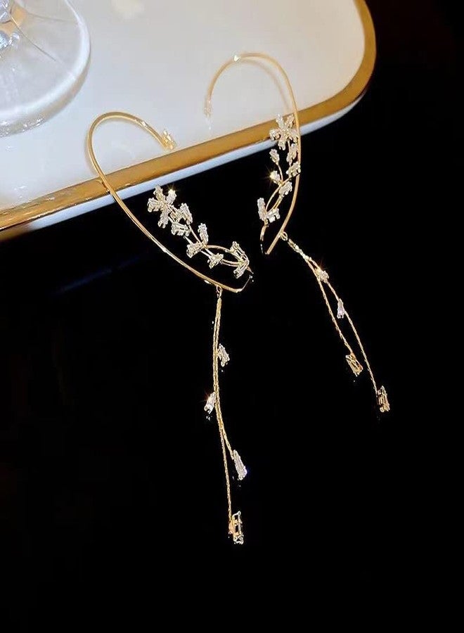Rannyrena Elegant Rhinestone Butterfly Flower Tassel Ear Cuffs Fairy Wheat Wing Ear Wrap Non-pierced Wedding Bridal Clip on Earrings Costume Accessories for Women (Gold crystal tassel) - Image 4