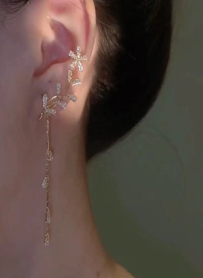 Rannyrena Elegant Rhinestone Butterfly Flower Tassel Ear Cuffs Fairy Wheat Wing Ear Wrap Non-pierced Wedding Bridal Clip on Earrings Costume Accessories for Women (Gold crystal tassel) - Image 3