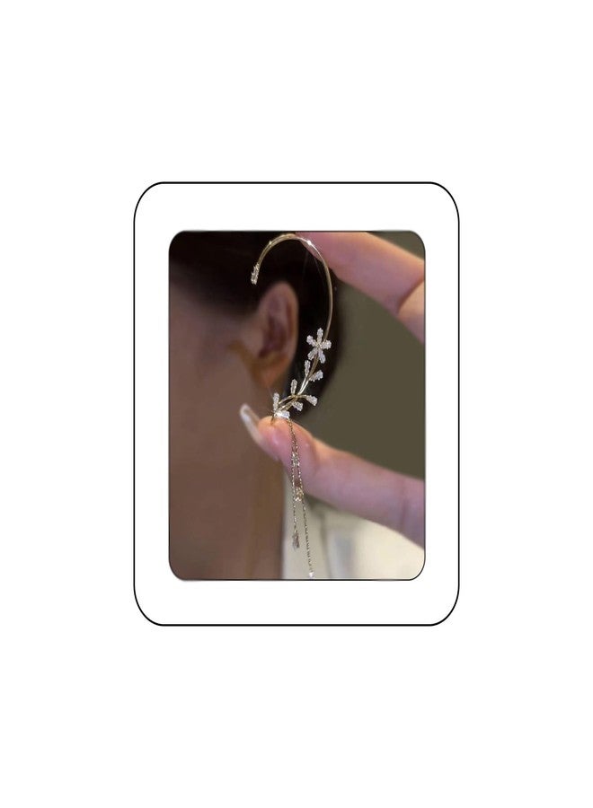 Rannyrena Elegant Rhinestone Butterfly Flower Tassel Ear Cuffs Fairy Wheat Wing Ear Wrap Non-pierced Wedding Bridal Clip on Earrings Costume Accessories for Women (Gold crystal tassel) - Image 1