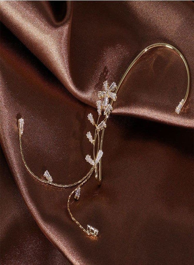 Rannyrena Elegant Rhinestone Butterfly Flower Tassel Ear Cuffs Fairy Wheat Wing Ear Wrap Non-pierced Wedding Bridal Clip on Earrings Costume Accessories for Women (Gold crystal tassel) - Image 5