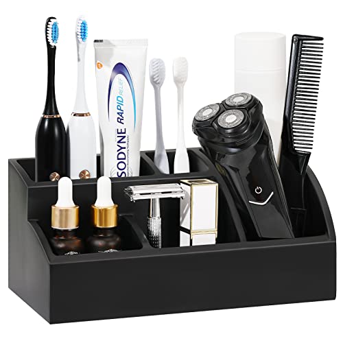 Luxspire Bathroom Counter Organizer, Toothbrush Holder for Bathroom 5 Slot, Large Bathroom Countertop Organizer Storage Marble Bathroom Accessories for Toothbrush Toothpaste, Matte Black - Image 1