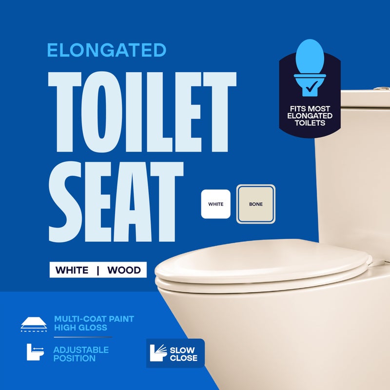 HIGHCRAFT Premium Elongated Toilet Seat with Slow-Close Design & Adjustable Hinges - Molded Wood Toilet Seat - Fits Standard Elongated Toilets - Oval Seat in Bone/Beige - Image 4