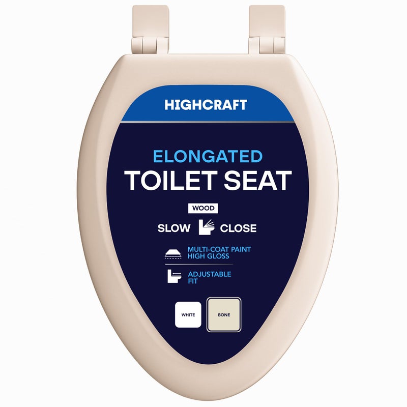 HIGHCRAFT Premium Elongated Toilet Seat with Slow-Close Design & Adjustable Hinges - Molded Wood Toilet Seat - Fits Standard Elongated Toilets - Oval Seat in Bone/Beige - Image 1