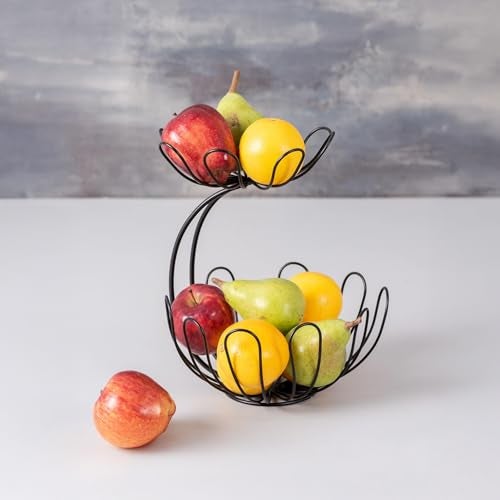 nestroots Fruit Basket Kitchen Stand Vegetable Basket Rack Stand for Kitchen | 2 Tier Round Net Baskets for Storage Metal Basket Fower Design Fruit Stand Storage Baskets (Black) - Image 1