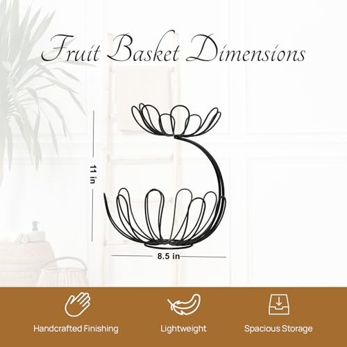 nestroots Fruit Basket Kitchen Stand Vegetable Basket Rack Stand for Kitchen | 2 Tier Round Net Baskets for Storage Metal Basket Fower Design Fruit Stand Storage Baskets (Black) - Image 2