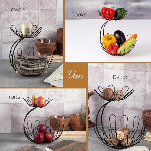 nestroots Fruit Basket Kitchen Stand Vegetable Basket Rack Stand for Kitchen | 2 Tier Round Net Baskets for Storage Metal Basket Fower Design Fruit Stand Storage Baskets (Black) - Image 5
