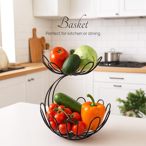 nestroots Fruit Basket Kitchen Stand Vegetable Basket Rack Stand for Kitchen | 2 Tier Round Net Baskets for Storage Metal Basket Fower Design Fruit Stand Storage Baskets (Black) - Image 4