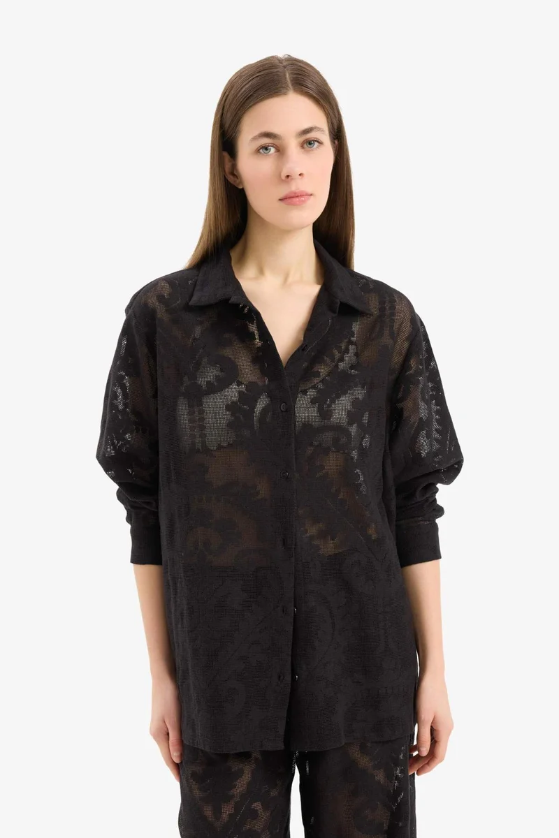ديفاكتو Fall in Love Regular Fit Lace Detailed Beach Shirt
