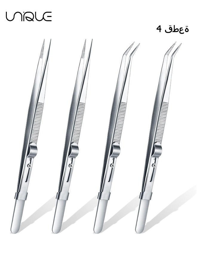 Unique 4 Pack Diamond Stone Tweezers Gems and Jewelry Tweezers Precision Industrial Tweezers Stainless Steel Include Fine Point Tip Straight Tweezer and Locking Curved Tip Precision Locking Tweezer  - Image 1