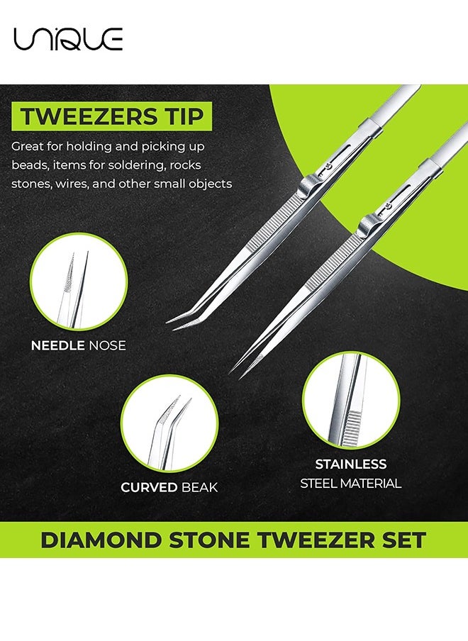 Unique 4 Pack Diamond Stone Tweezers Gems and Jewelry Tweezers Precision Industrial Tweezers Stainless Steel Include Fine Point Tip Straight Tweezer and Locking Curved Tip Precision Locking Tweezer  - Image 3
