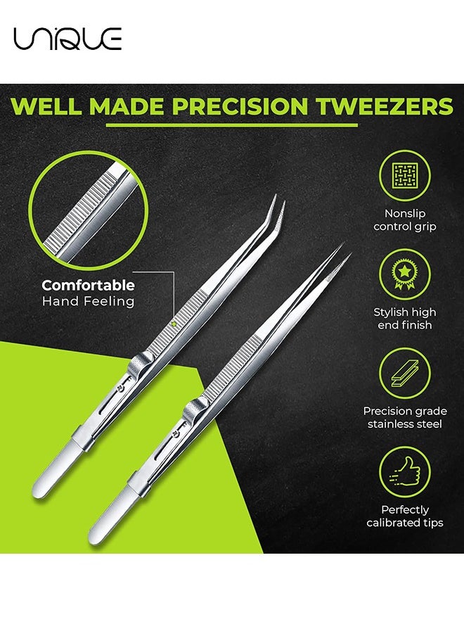 Unique 4 Pack Diamond Stone Tweezers Gems and Jewelry Tweezers Precision Industrial Tweezers Stainless Steel Include Fine Point Tip Straight Tweezer and Locking Curved Tip Precision Locking Tweezer  - Image 4