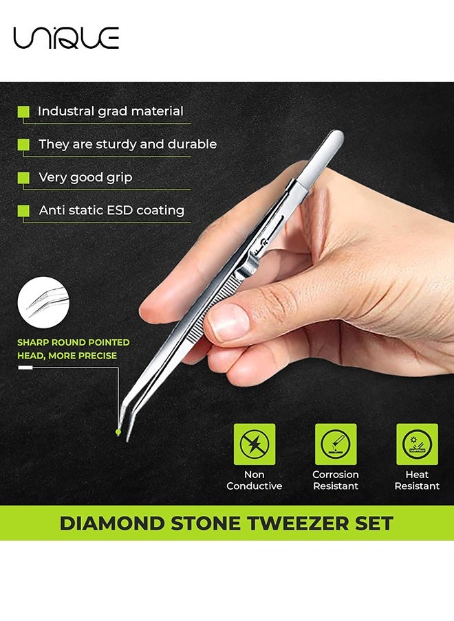 Unique 4 Pack Diamond Stone Tweezers Gems and Jewelry Tweezers Precision Industrial Tweezers Stainless Steel Include Fine Point Tip Straight Tweezer and Locking Curved Tip Precision Locking Tweezer  - Image 5