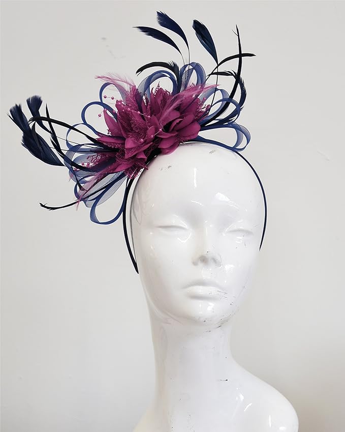 Navy Blue and Hot Pink Fuchsia Feather Hair Fascinator Headband Wedding Royal Ascot Races Ladies Unisize