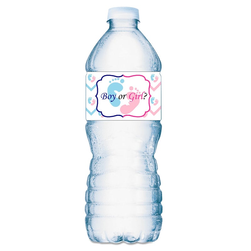 25 Gender Reveal Footprints Baby Shower Party Water Bottle Labels Boy or Girl Waterproof Water Bottle Wrappers Water Bottle Stickers Labels Decorations Gender Reveal Made in USA
