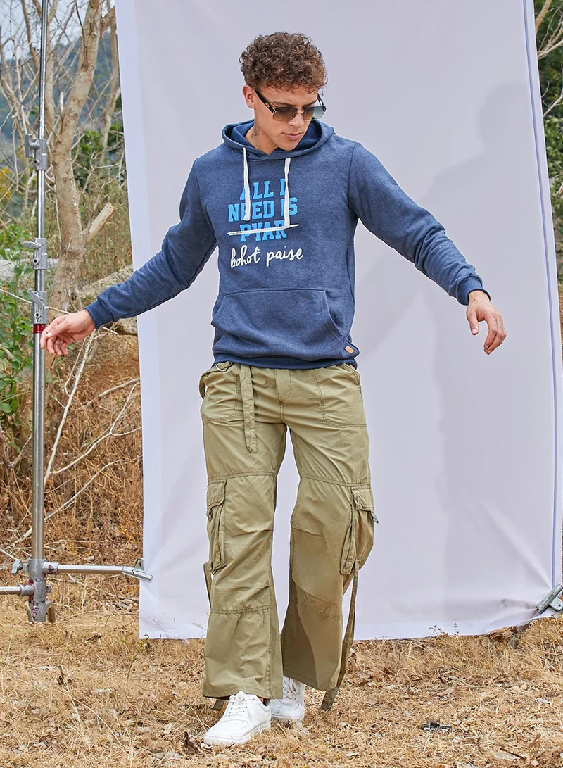 Campus Sutra Men's Blue All I Need Hoodie With Kangaroo Pocket