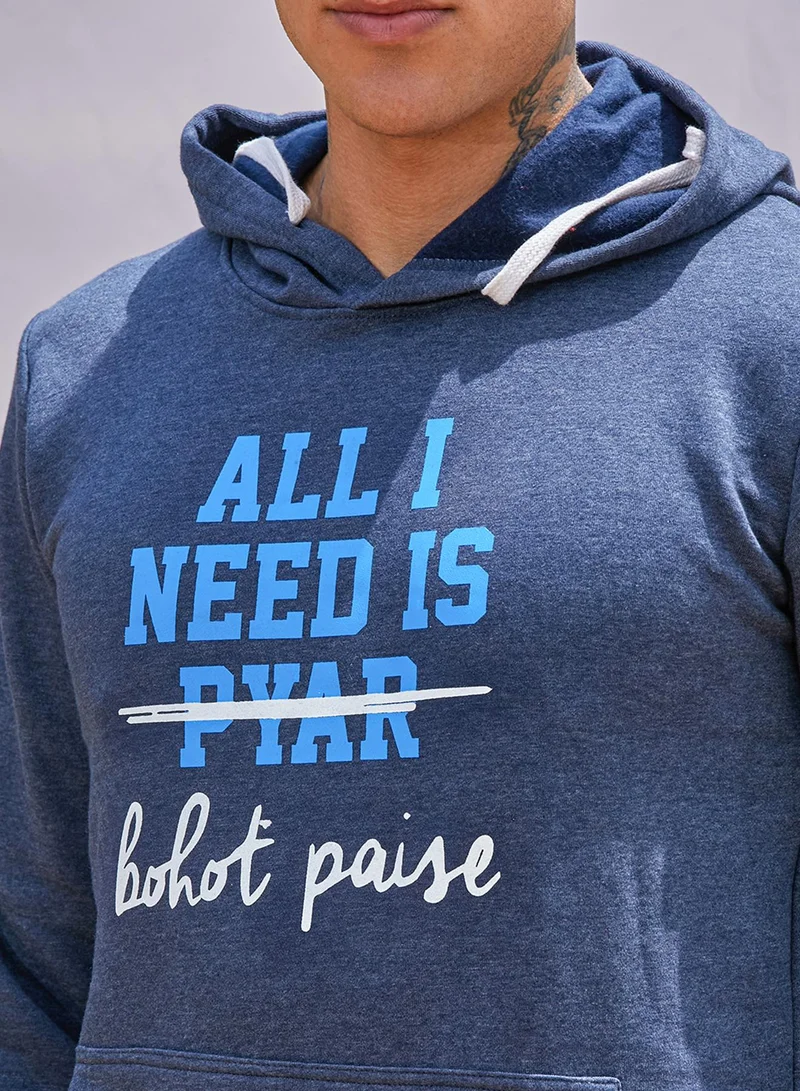 Campus Sutra Men's Blue All I Need Hoodie With Kangaroo Pocket