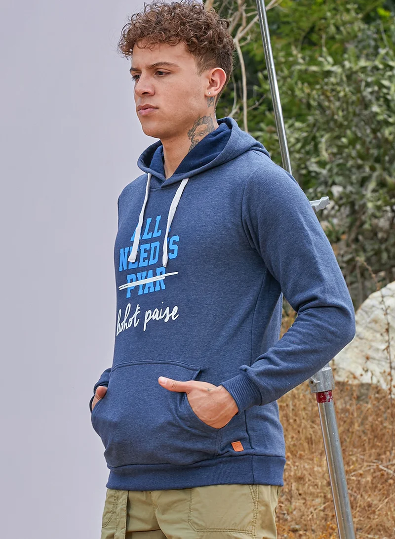 Campus Sutra Men's Blue All I Need Hoodie With Kangaroo Pocket
