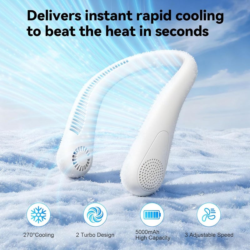 HandFan 5000mAh Neck Fan, Bladeless Portable Wearable Fan, USB Rechargeable Hands-Free Fan, 3 Speeds Personal Fan, 15H Working Time for Outdoor Travel Camping, Gifts for Women Men (White) - Image 4