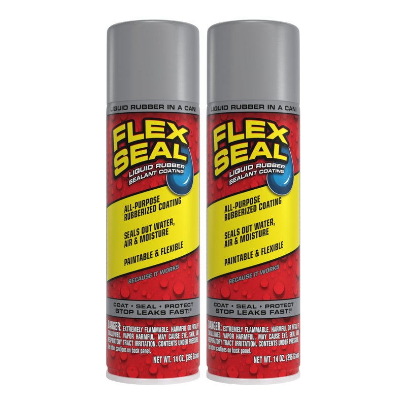 Flex Seal 14 oz 2Pack Gray Stop Leaks Instantly Waterproof Rubber Spray On Sealant Coating Perfect for Gutters Wood RV Campers Roof Repair Skylights Windows and More
