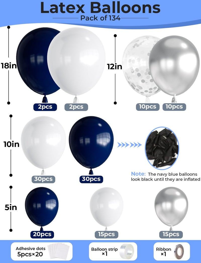 Haolongfa Navy Blue and Silver Balloons Garland Arch Kit,134 Pcs 18/12/10/5 Inch White Navy Blue and Silver Balloons with Confetti Latex Balloons, for Birthday Baby Shower Wedding Graduation Party Decorations - Image 3