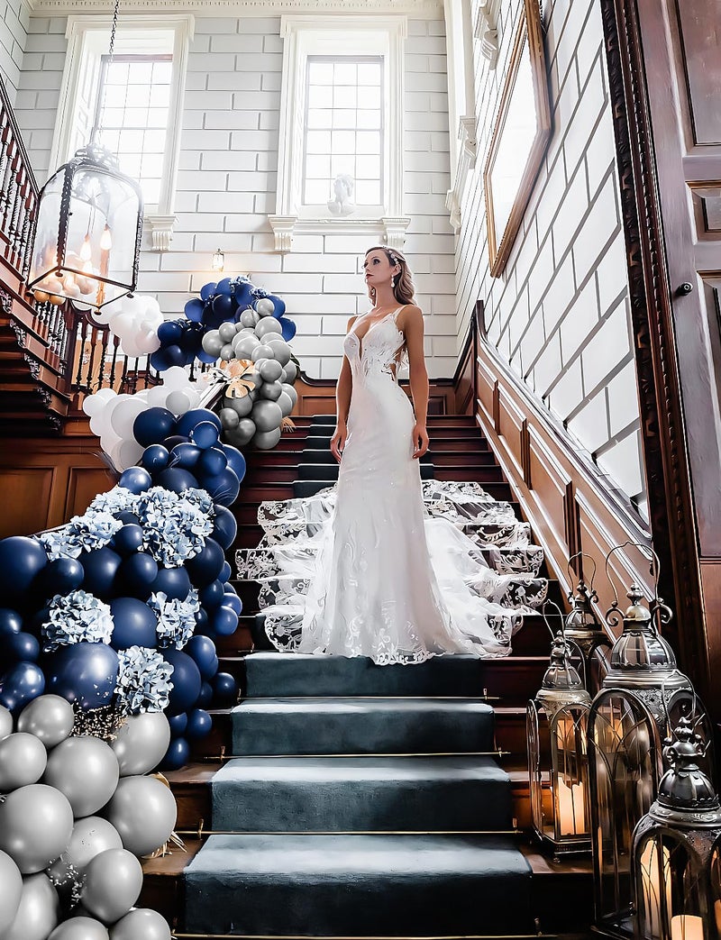Haolongfa Navy Blue and Silver Balloons Garland Arch Kit,134 Pcs 18/12/10/5 Inch White Navy Blue and Silver Balloons with Confetti Latex Balloons, for Birthday Baby Shower Wedding Graduation Party Decorations - Image 5