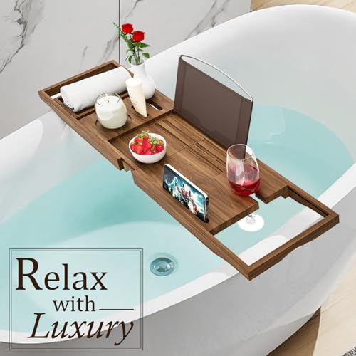 Banlilu Premium Teak Bathtub Tray Caddy, Wooden Bath Caddy Trays for Bathtub, Bath Tub Wood Tray Table for Tub,Expandable Size, Fits Most Bath Tubs - Image 2