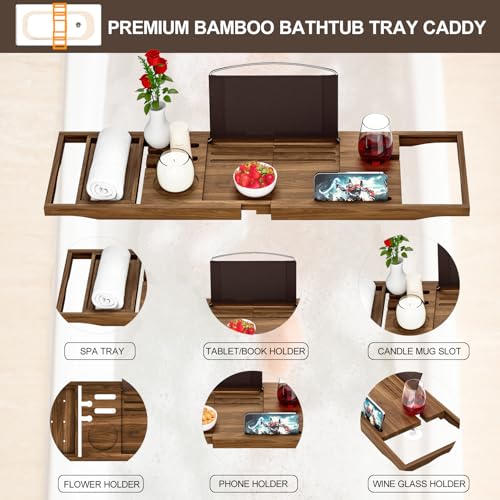 Banlilu Premium Teak Bathtub Tray Caddy, Wooden Bath Caddy Trays for Bathtub, Bath Tub Wood Tray Table for Tub,Expandable Size, Fits Most Bath Tubs - Image 3