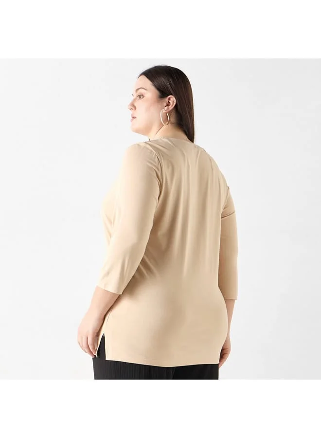 Ulla Popken Plus Size Ulla Popken V-neck 3/4 Sleeves T-shirt