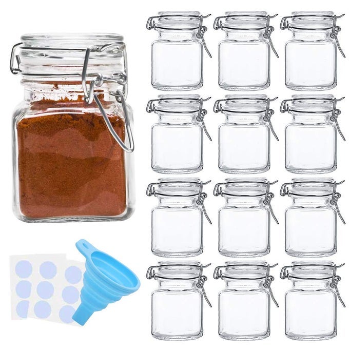 SPICE JARS 12 PACK 4OZ SMALL GLASS JARS WITH AIRTIGHT HINGED LID WITH 12 SPICE LABELS SILICONE FUNNELS AIRTIGHT GLASS JARS FOR SPICES ART CRAFT STORAGE 12 PACK