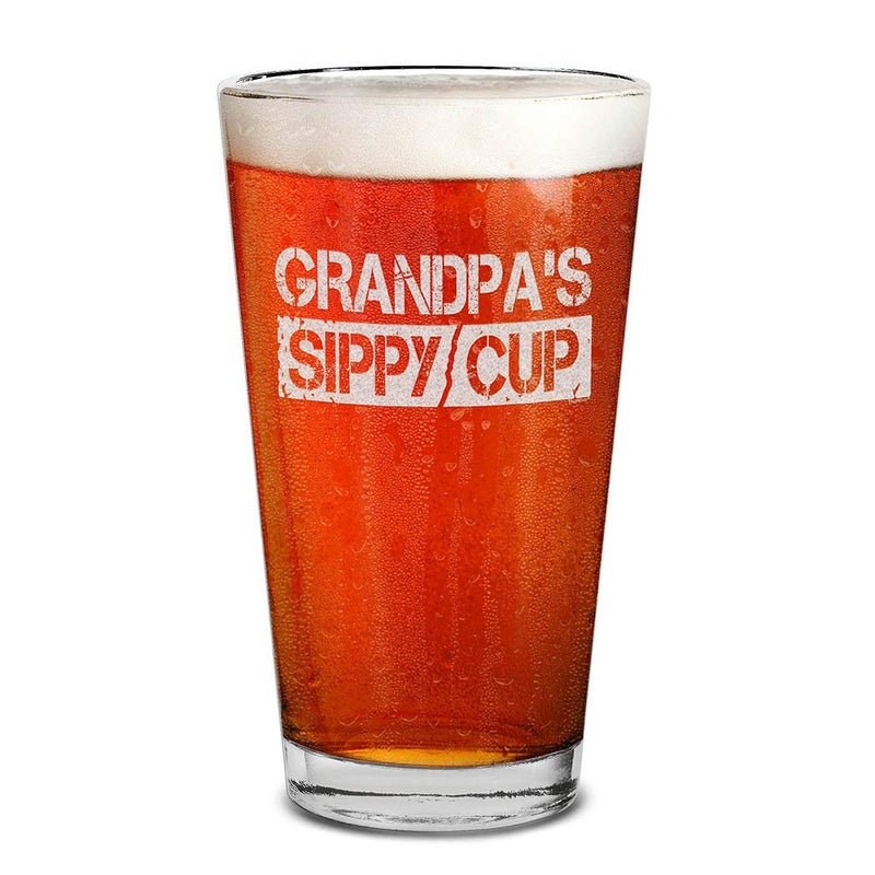 Shop4Ever shop4ever Grandpas Sippy Cup Laser Engraved Beer Pint Glass 16 oz Funny Fathers Day Gift for Grandpa Papa Granddad 